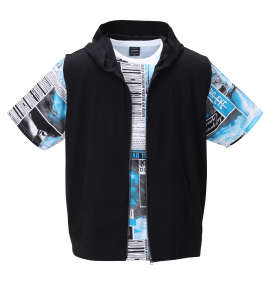 BEAUMERE ノースリーブフルジップパーカー+総柄半袖Tシャツ ブラック×ターコイズ