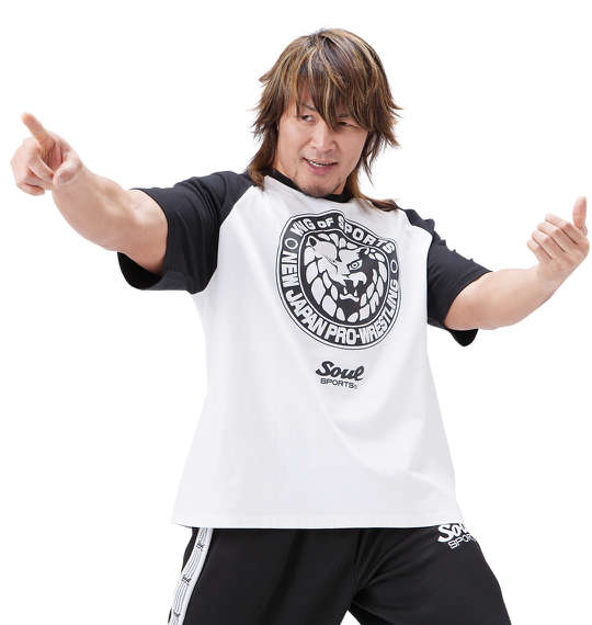 SOUL SPORTS×新日本プロレス ラグラン半袖Tシャツ ホワイト×ブラック