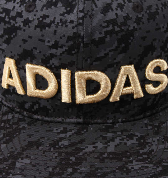 adidas 綿ツイル総柄スナップバックキャップ ブラック×ゴールド
