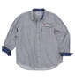 OUTDOOR PRODUCTS ワッペン付長袖ワークシャツ ネイビー/ヒッコリー: 袖口ロールアップ