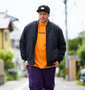 Mc.S.P ポリピーチ薄中綿MA-1ジャケット ブラック: 身長：182cm/バスト：123cm/ウエスト：114cm/着用サイズ：3L
