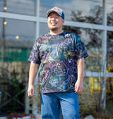 NECOBUCHI-SAN DRYハニカムメッシュ昇華総柄半袖Tシャツ ブラック