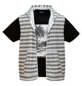 COLLINS メッシュラフボーダー柄ノースリーブフルジップパーカー+半袖Tシャツ ブラウングレー×ブラック