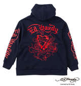 Ed Hardy ニットフリース刺繍&プリントフルジップパーカー ネイビー