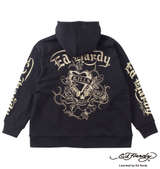 Ed Hardy ニットフリース刺繍&プリントフルジップパーカー ブラック