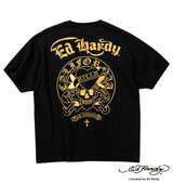 Ed Hardy 天竺プリントポケット付半袖Tシャツ ブラック×ゴールド