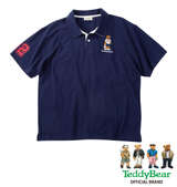 Teddy Bear 鹿の子刺繍&プリント半袖ポロシャツ ネイビー