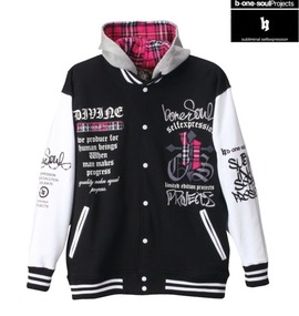 b-one-soul フード付スウェットスタジャン ブラック×ホワイト