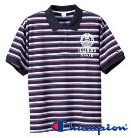 Champion ポロシャツ半袖 ネイビー×サックス