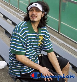 Champion ポロシャツ半袖 グリーン×ブルー