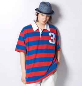 Champion ラガーシャツ半袖 レッド×ブルー