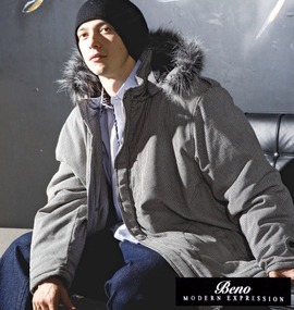 Beno ファー付パーカージャケット ホワイト×ブラック