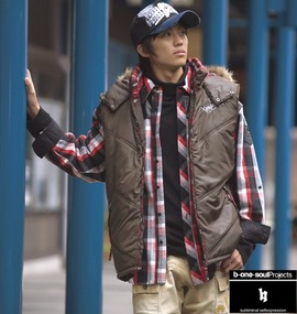 b-one-soul フード付中綿ベスト ブラウン