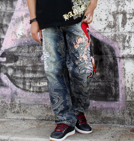 絡繰魂抜刀娘 刺繍ジャガードデニムパンツ ネイビー