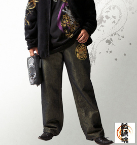 絡繰魂 家紋刺繍ラメデニムパンツ ネイビー×ゴールド