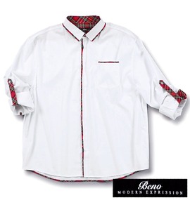 Beno ロールアップ切替チェックシャツ ホワイト×レッド系