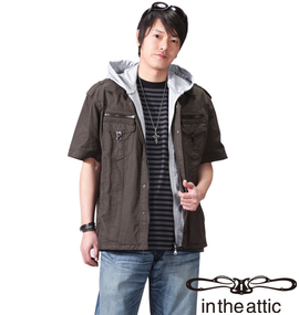 in the attic バックル付フェイクパーカー半袖シャツ カーキ
