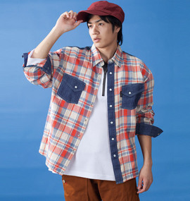 OUTDOOR PRODUCTS デニム切替チェック長袖シャツ オレンジ系