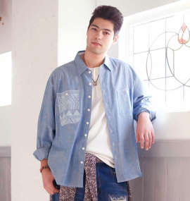 OUTDOOR PRODUCTS ポケットプリント長袖ワークシャツ ブルー