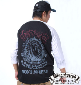WING SPREAD 七分袖ラグランTシャツ ブラック×ホワイト
