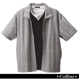 COLLINS ジップスタンド+Vヘンリー半袖 モクグレー×ブラック