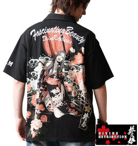 絡繰魂抜刀娘 荒波に牡丹ポロシャツ(半袖) ブラック