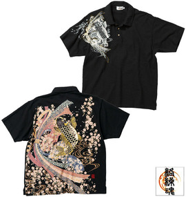 絡繰魂 鯉刺繍ポロシャツ(半袖) ブラック