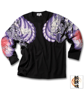 絡繰魂 双龍刺青菊刺繍Tシャツ(長袖) ブラック