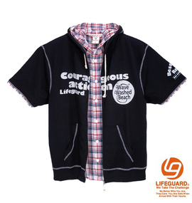 LIFE GUARD フェイクレイヤード半袖フルジップパーカー ブラック