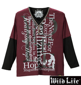 WILD LIFE ジップ使いフェイク長袖VTシャツ ワイン×ブラック
