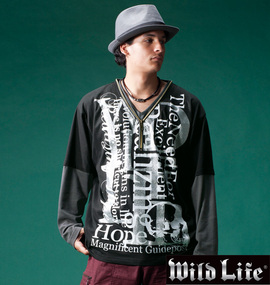 WILD LIFE ジップ使いフェイク長袖VTシャツ ブラック×チャコール