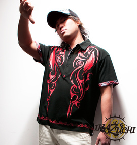 雷IKAZUCHI チェック使い半袖ポロシャツ ブラック