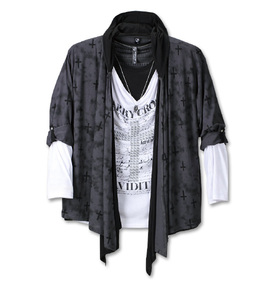 launching pad フェイクフードカーデ+長袖Tシャツ チャコール×ホワイト