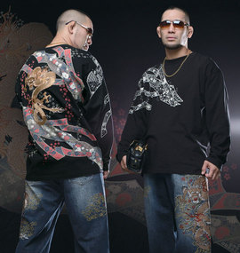 絡繰魂 流れ熨斗に龍刺繍長袖Tシャツ ブラック