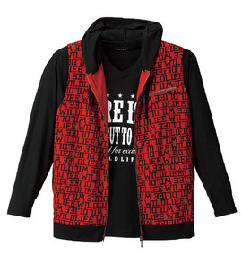WILD LIFE 総柄パーカーベスト+長袖VTシャツ ブラック×レッド