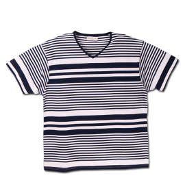 LOUXS UNION WORKS ランダムボーダー半袖VTシャツ ネイビー×オフホワイト