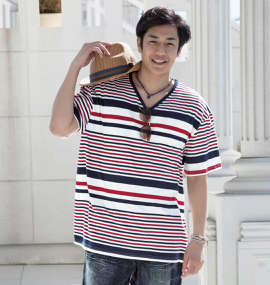 LOUXS UNION WORKS ランダムボーダー半袖VTシャツ オフホワイト×レッド