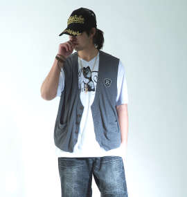 WILD LIFE ジレベスト+半袖VTシャツ チャコール杢×ホワイト