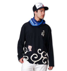 豊天 唐草美豚長袖Tシャツ ブラック