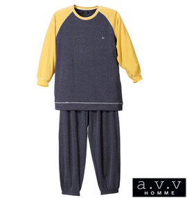 a.v.v HOMME パイル起毛ラグラントレーナーセット ネイビー×マスタード