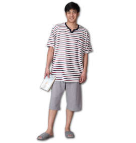 a.v.v HOMME 梨地ボーダー半袖Tシャツ+ハーフパンツ オフホワイト×モクグレー