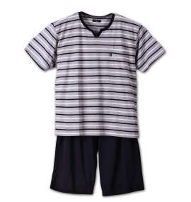 a.v.v HOMME 梨地ボーダー半袖Tシャツ+ハーフパンツ モクグレー×ネイビー