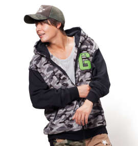 GACHAPIN×MUKKU ボアフルジップパーカー グレー系カモフラ柄