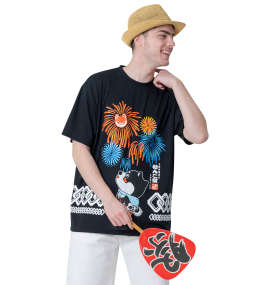 黒柴印和んこ堂 花火和み柴っこ半袖Tシャツ ブラック