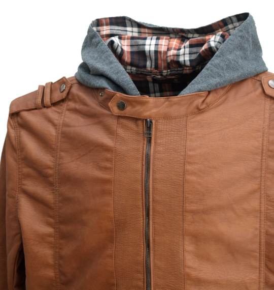 Pincponc フード付PUライダースジャケット キャメル