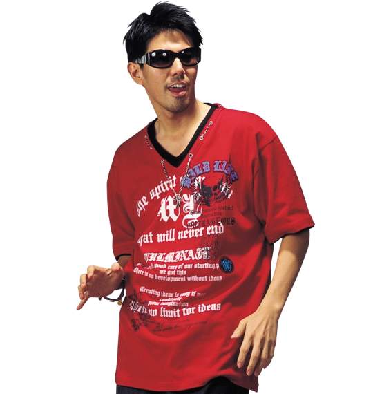 WILD LIFE フェイクVTシャツ(半袖) レッド×ブラック
