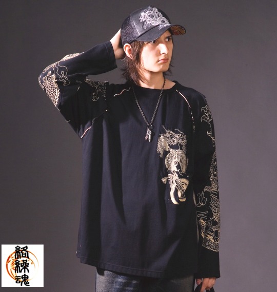 絡繰魂 和柄ラグランTシャツ スミクロ