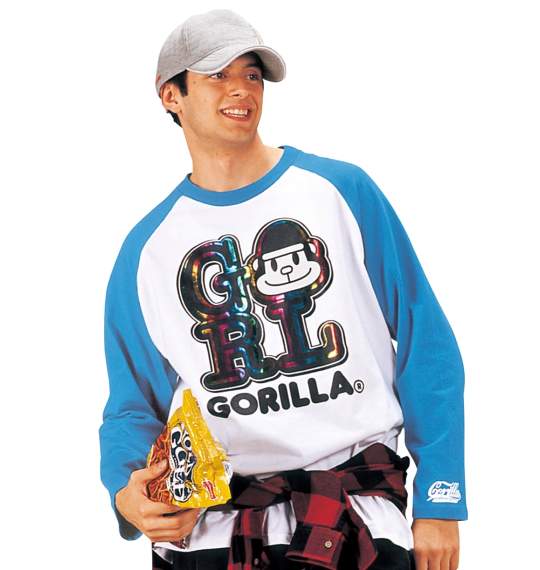 Gorilla ラグランTシャツ ホワイト×ターコイズ