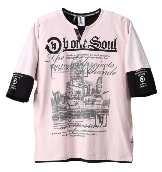 b-one-soul フェイク五分袖キーネックTシャツ ピンク×ブラック