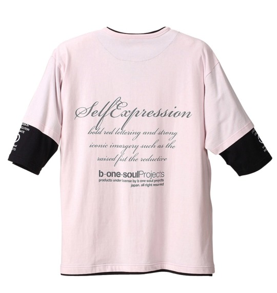 b-one-soul フェイク五分袖キーネックTシャツ ピンク×ブラック